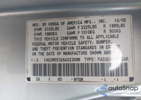 2006 Honda Accord 2.4 Se from USA, damaged, VIN 1HGCM55326A023088